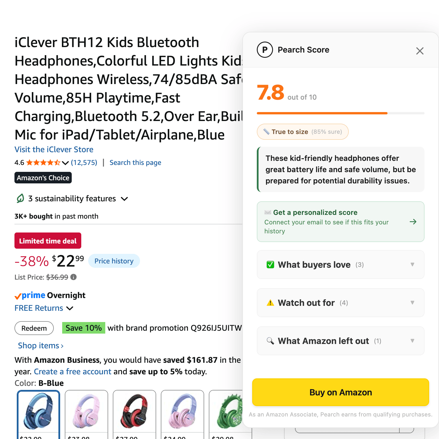 Pearch score panel showing honest Amazon product rating with durability warning